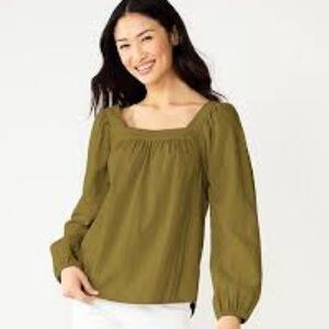 Sonoma Green Smocked Long Sleeve Blouse L